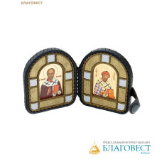 Складень кожаный Николай Чудотворец - Спиридон Тримифунтский, размер 7х8,5см (в раскрытом виде 14,3см), дерево