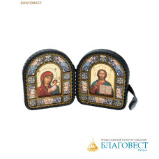 Складень кожаный Пресвятая Богородица «Казанская» - Спаситель, размер 7х8,5см (в раскрытом виде 14,3см), дерево