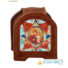 Икона дорожная раскладная Пресвятая Богородица «Неопалимая Купина» (натуральная кожа). Цвет коньяк