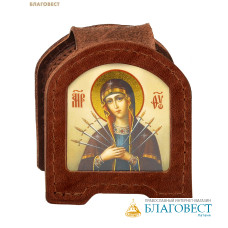 Икона дорожная раскладная Пресвятая Богородица «Семистрельная» (натуральная кожа). Цвет коньяк