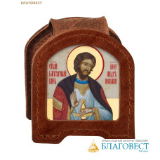 Икона дорожная раскладная Святой благоверный князь Александр Невский (натуральная кожа). Цвет коньяк